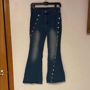 Button Detail Stretchy Flare Jeans Cotton-Blend Casual Denim Pants